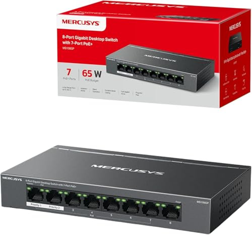 MERCUSYS MS108GP 8-Port Gigabit Desktop PoE Switch with 7-Port PoE+, 250m Long Range Ethernet Splitter Extender, Compatible with 802.3af/at PDs, up to 65W, Power Management, Isolation Mode, Metal Case