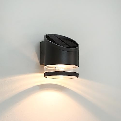 HFVLITE Solar Wall Light Outdoor Dusk to Dawn, Aluminum Wall Sconce IP54 Waterproof, Cordless LED Decor Light Fixture for Porch, Deck, Fence, Patio, Front Door, Stair, Warm White, Black, 1-Pack