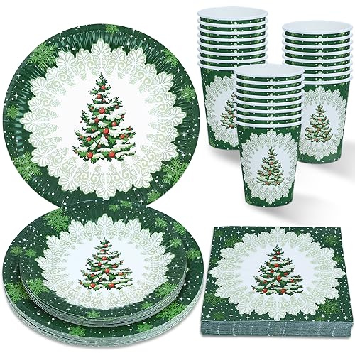 ZVK Piatti di carta, Tovaglioli e Bicchieri di carta usa e getta Verde 96 pezzi Albero di Natale Festa di Natale, Festa di Capodanno, Set di Stoviglie per 24 persone