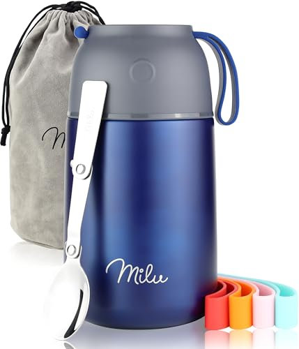 Milu® Thermobehälter für Essen 800ml, Edelstahl Warmhaltebehälter mit Löffel, Thermobecher Essen, Thermo Lunchbox für Kinder, Erwachsene, Thermobox Suppen, Babybrei, Speisebehälter Navyblau, 800ml