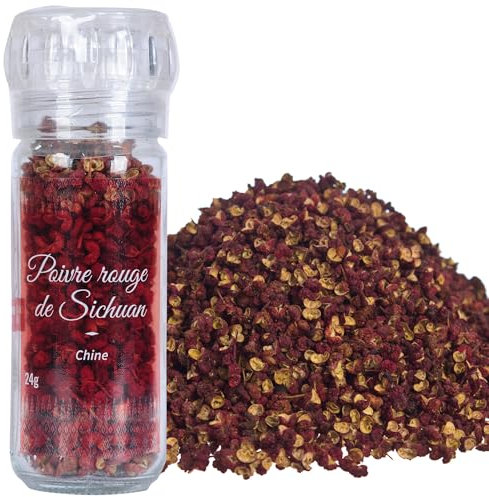 Khla - Poivre de Sichuan Rouge 24 g - Moulin Rechargeable - Ingrédient Épicerie Fine Cuisine - Baies de Sichuan Rouge - Direct Producteur - Épice d’Asie Poivre Timut Szechuan - Origine Chine