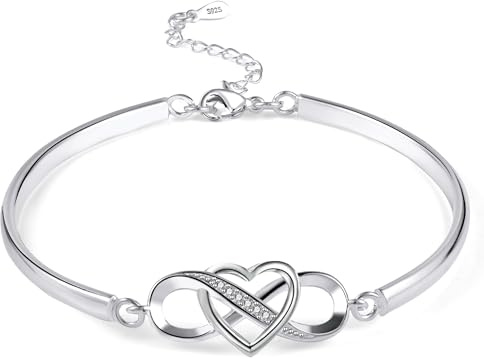 ASH'S CHOICE Bracelets for Women, 925 Sterling Silver Bracelet Infinity Love Heart Bangle, Sparkle Bracelet Bangle Cuff Sterling Silver Slider Adjustable Bracelets for Women Lady Mother's Day