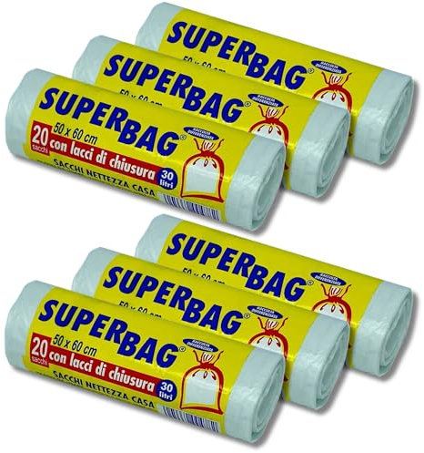 FRIO - Lot de 6 rouleaux de 20 sacs transparents, 30 litres pour poubelle, tri sélectif, sacs en plastique PE recyclé avec liens. Sacs pattume, netteté 50 x 60 cm résistants