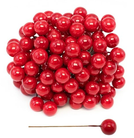 Qiuyan 100pcs Red Artificial Holly Berries - 0.4 Fake Berries on Wire for Christmas Tree Garland, Flower Wreath Decorations, DIY Craft Use