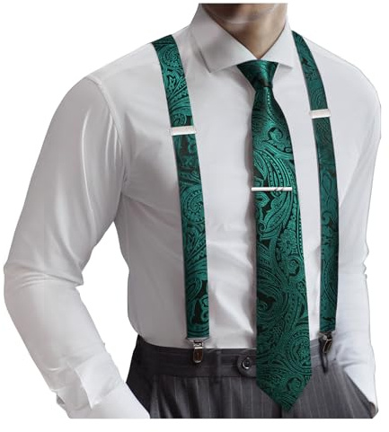 Barry.Wang Juego de tirantes para hombre, tipo X, tirantes y corbata, diseño de cachemira, formal, boda, fiesta, baile de graduación, verde, Taille unique