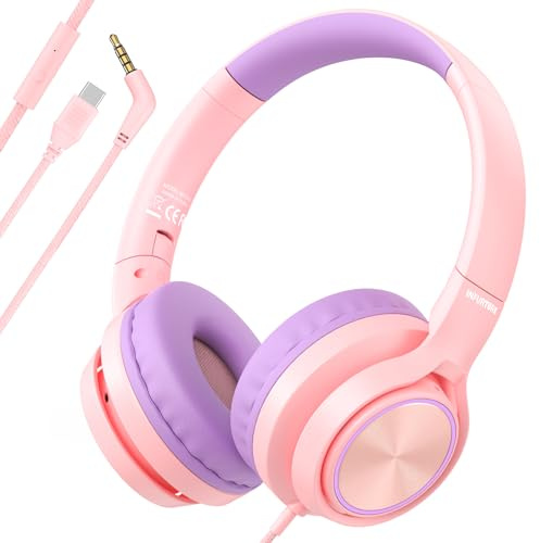 Kids Headphones with 3.5mm & USB C Headphones Kids for School, Over-Ear for Boys Girls, Foldable Headphone Built-in Mic, Safe Volume for iPad/Travel/Tablets/Classroom, Back to School gift(Pink)