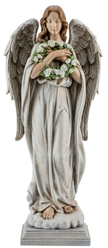 ShineOnAngel Gartenengel mit Blumenkranz, Statue, 40,6 cm, Engel mit Blume, Outdoor-Statue, Gedenkengel, Outdoor-Dekoration