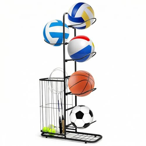 QWORK® Estante de Almacenamiento de Baloncesto, Soporte para Pelotas con 5 Soportes para Pelotas y Cestas, Organizador para Equipo Deportivo, 116 * 23.5 * 58cm