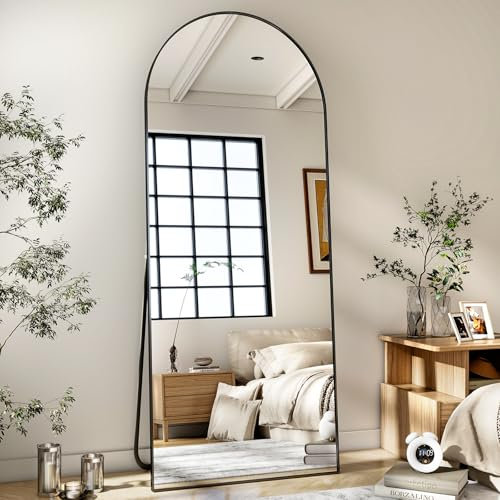 BEAUTYPEAK - Specchio ad arco a figura intera, da terra, grande, da appendere o appoggiare alla parete, con supporto, per camera da letto, spogliatoio o soggiorno, 170 x 57 cm, colore nero