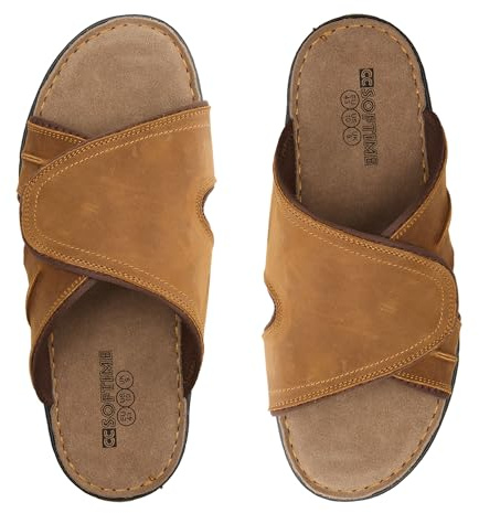CCSOFTIME Sommarsandaler för män, lädersandal för män med justerbar rem, öppen tå bekväma mjuka strandmockasandaler för män sommartofflor för hus, strand, pool, trädgård, semester, Ljusbrunt, 44.5 EU