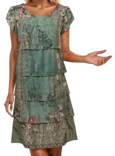 Générique Robe Femme Été en Mousseline Col Rond Élégante ete Robes De Soirée Imprimé Fleurs À Manches Courtes Superposés Volants Léger Et Respirant Mini Dress Décontracté Plage Cocktail Robe