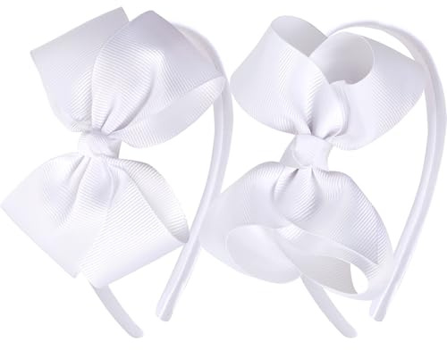 OAOLEER Grosgrain Bow Headband for Girls, White Headband with 4.5 inch Bow for Hair Band Accessories for Girls Set of 2 (White, 4.5inch)