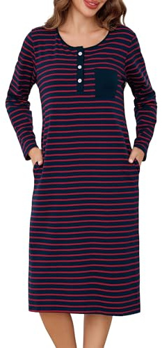 Lovasy Camicia da Notte Donna in Cotone Invernale Manica Lunga | Camicia da Notte a Righe Scollo a V Sexy Sottoveste Curvy con Bottoni Davanti Pigiama Vestito con Tasche