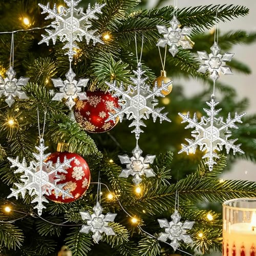 xiaoxiaozhijia Adornos para el Árbol de Navidad,Copos de Nieve Acrílicos (10 pcs de 83 mm + 15 pcs de 43 mm),Set de Decoración para el Árbol de Navidad con Cordón Elástico (Transparente)