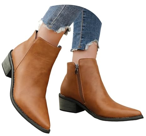 VBEDKDEB Botines de mujer Botas de tobillo para mujer, botines de tacón bajo grueso, botas cortas cómodas, punta redonda, botines de tobillo con cremallera lateral, marrón, 40 EU