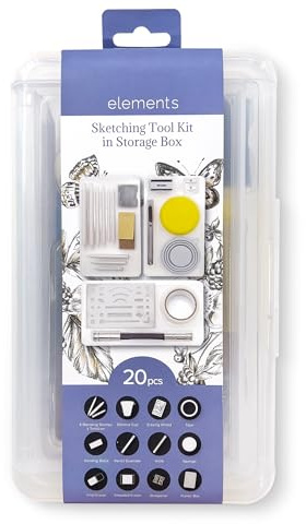Elements Sketching Tools 20 pcs with Storage Box - Blending Stumps, Tortillons, Erasers, Tape and Accessories for Drawing and Shading - Holiday Art Supplies and Season Gift List
