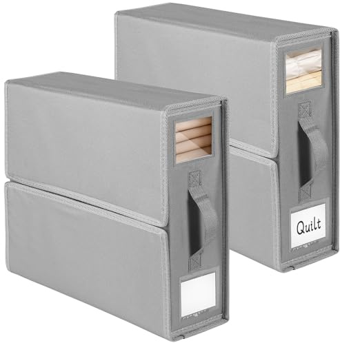 JAECU 2 Piezas Caja Organizador Sabanas, Tela Oxford Organizador de Ropa de Cama Plegable con Ventana y Etiquetas, para Debajo de Camas, Armarios, Cajones (Gris)