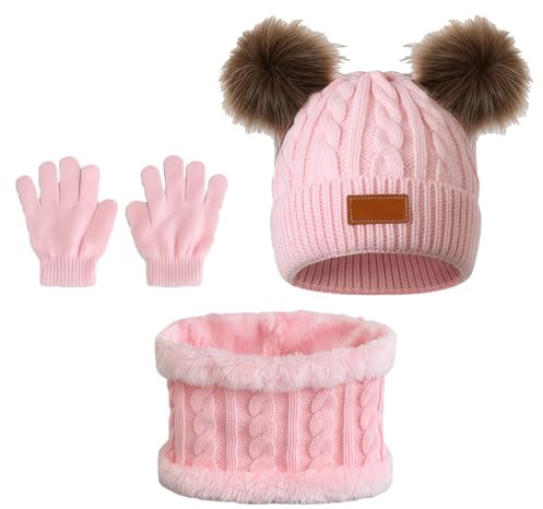 SSKHE Bonnet Enfant Tricoté Tour de Cou Chaud Gants Hiver Ensemble 3 Pièces Chapeau Écharpe Tricot Doublure Épaisse pour Fille Garçon (Rose2)