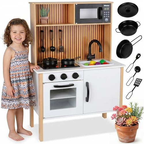Cucina per bambini in legno con luce e suono - Cucina giochi con accessori, fornello, forno, lavello, microonde, cucina moderna in legno per bambini dai 3 anni in su, GS0070