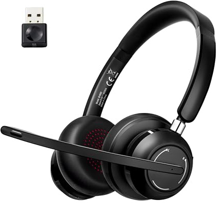SUNITEC Wireless Headset with Microphone for Work, Bluetooth Headphones with USB Dongle, Bluetooth Noise Cancelling Headphones with Mic for PC Computer Office Zoom Skype Teams Work Meeting