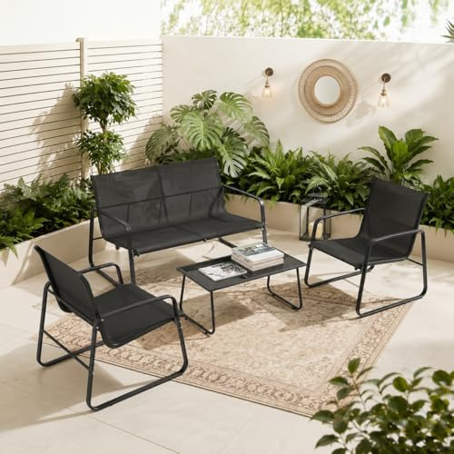 RTDTD 4-Piece Patio Conversation Sets,Garden Furniture Set with Loveseat,2 Chairs & Tempered Glass Table,Breathable Textilene and Steel Frame for Garden,Balcony,Backyard,Black (Black, 4PC)