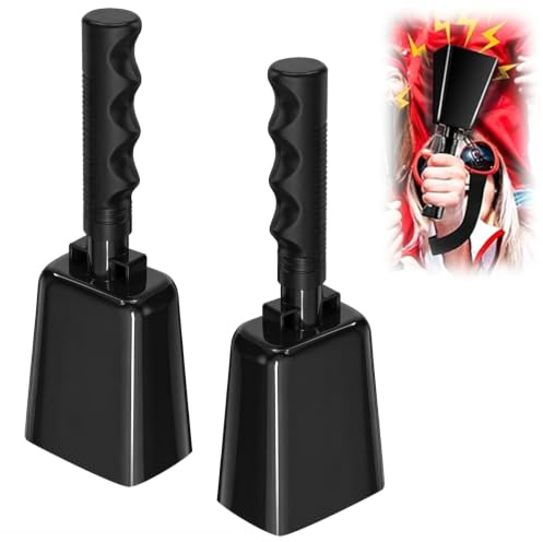 2 campanas de vaca de acero de 23 cm con asa, de metal ruidoso, campanas de mano para partidos de fútbol, eventos deportivos, granjas, robustas, duraderas, de gran alcance, perfectas para hacer ruidos