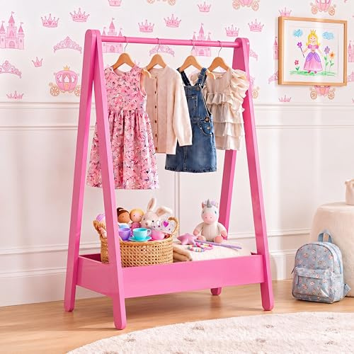 Junior Vida Appendiabiti per bambini, rosa, 99 x 64,5 x 42 cm (altezza x larghezza x profondità) in legno di pino massiccio, appendiabiti salvaspazio, ripiano portaoggetti aggiuntivo, portatile