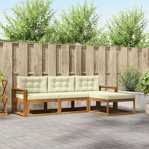YunCangg Outdoor Sofa Set 4-Piece Solid Acacia Wood with Cream Cushion, Weatherproof Set for Garden, Patio, Balcony, Modular Seating Group Ensemble for Relaxed Sitting and