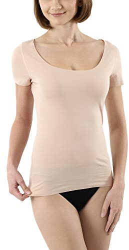 ALBERT KREUZ Women's Laser Cut Seamless Undershirt with Short Sleeves and deep Scoop Neck Stretch Cotton - Invisible Under Business Blouses Thanks to raw Seam finitions Nude Beige S