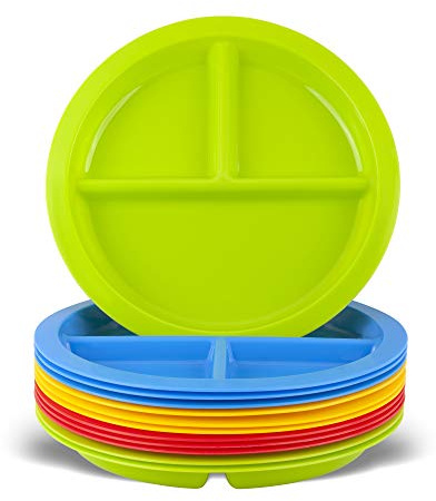 Plaskidy 3 - Compartment Divided Plates for Kids - Set of 12 Plastic Children Trays for Eating with Dividers - 4 Bright Colors (3 of Each Color) Dishwasher Microwave Safe BPA Free for Toddler and Kids