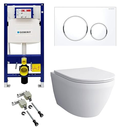 Alpenberger Spülrandloses Hänge WC Komplettset | Hänge-Toilette mit Nano Beschichtung | Wand WC & Softclose Sitz | Geberit Duofix UP320 Spülkasten & Bausatz & Betätigungsplatte | Made in Europa