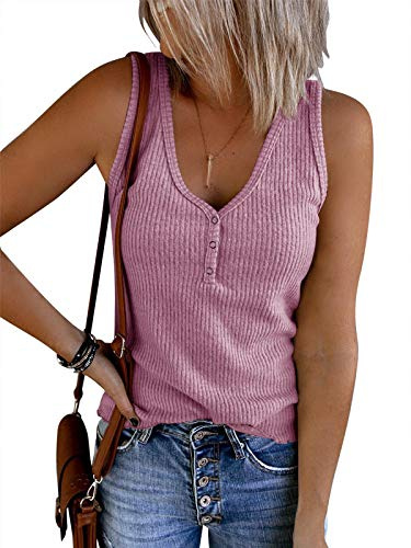 Saodimallsu Dam V-ringad linne sommar ribbade ärmlösa Henley-skjortor avslappnade lösa knappar upp Cami-stickade t-shirts (large, kungsblå), Lila, L