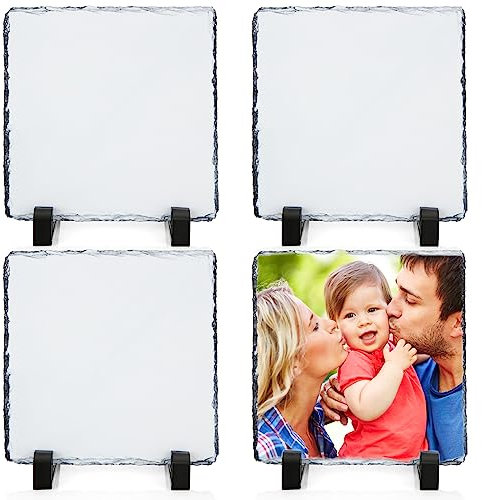 YAYODS 4PCS Personalised Blank Slate Photo Frame, 15 x 15cm Square Rock Stone Photo Frame with Display Holder, Personalized Custom Decoration Photo Gift for Wedding Birthday Anniversary Valnetines Day