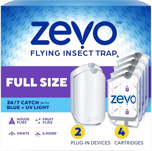 Zevo 2 flygande insektsfällor och 4 patroner, flugfälla och insektsfångare inomhus för myggnät, hus och fruktflugor, utan att bli smutsig, använd i alla rum