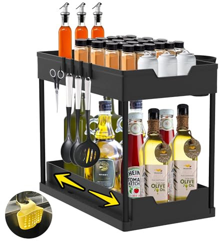 KEMVEK Organizador para Cocina con Estantería y Fregadero - Armario Bajo Fregadero Con 4 Ganchos, 2 Cestas y 1 Accesorio Gratis
