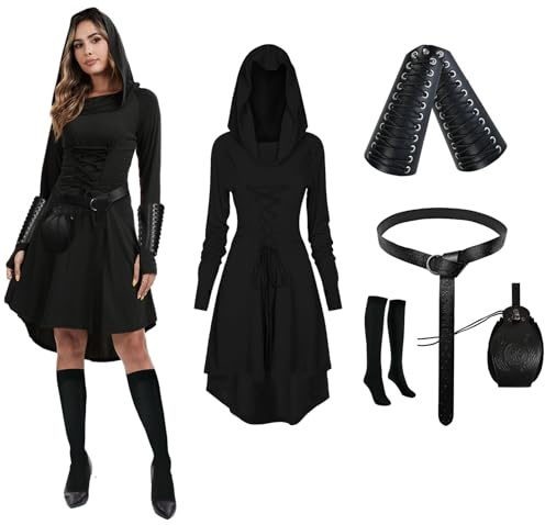 PORJDN Abito da donna medievale con cappuccio, vestito gotico, da donna, per Halloween, con cappuccio, con cintura, in stile retrò, per monete d'oro, corsetto, calzini sopra il ginocchio (Nero, M)