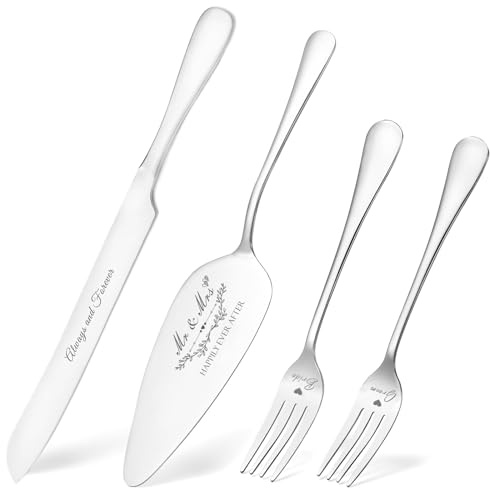 Juego de cuchillo y servidor para tartas de boda, juego de corte de pastel plateado para boda, juego de 4 piezas con tenedores para compromisos, aniversarios, novios