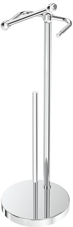 WZRUA Toilet Roll Holder Free Standing, Chrome SUS304 Stainless Steel Freestanding Toilet Roll Holder with Storage Dispense Double Pivoting Post Stand(Round Base)