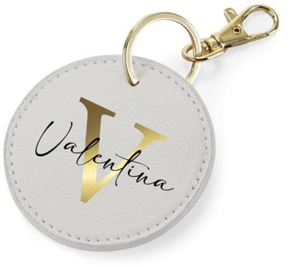 AWASG Schlüsselanhänger rund Buchstabe - Personalisiert mit Name - Taschenanhänger Accessoire mit Ring und Karabiner (grau)