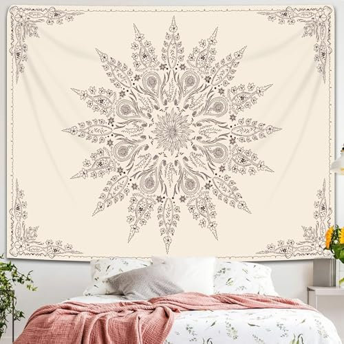 Simpkeely Mandala Blumen Tapisserie, Ästhetische Boho Wanddekoration mit Blume, Medaillon Boho Kunst Druck Wandteppiche für Schlafzimmer und Wohnzimmer - 150 x 200cm