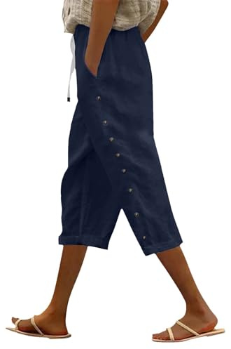 Couawaticy Cropped Trousers Women Linen Trousers Womens Drawstring Elastic Waist Cropped Lightweight Summer Capri Pants with Pockets Casual 3 4 Length Beach Pants for Ladies Navy-b