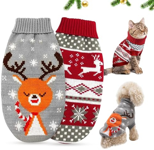 Suéter para Mascotas Navidad, 2 Piezas Jersey Perros y Gatos, Navidad Disfraz de Punto de Perro Patrón de Reno, para Perros Pequeños, Gatos