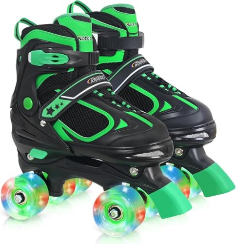 Nattork Patins à roulettes pour garçons et filles - Vert - Pour adolescents âgés de 10 à 11 à 12 ans - Patins à roulettes réglables avec 4 tailles - Pour l'intérieur et l'extérieur