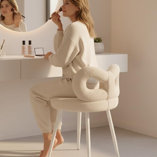 reukmuuc Taburete de tocador, elegante respaldo de lazo, asiento tapizado de lana sintética suave, patas de acero al carbono antideslizantes, carga máxima de 330 libras, silla de tocador moderna para