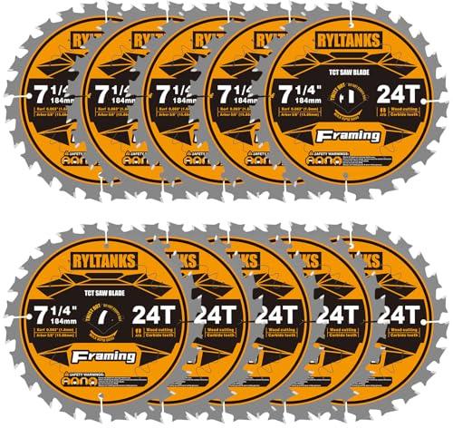 Ryltanks 7-1/4 Inch Circular Saw Blade, 24T for Framing with 5/8 Arbor, Fast Wood Cutting, 10-Pack