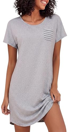 Bresdk Chemise Nuit Femme Manches Courtes Coton Robe de Nuit Femme légère Tee Shirt Nuit Femme Confortable avec Poche Poitrine Gris XL