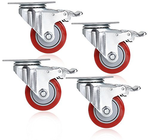 COOCHEER 4 Stück Lenkrollen mit Bremse, Tragkraft 400kg, Rot, 75mm, 360-Grad-Drehung, Gummi, Stahl, Plattenmontage