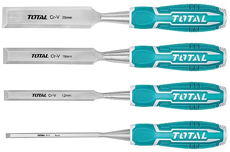 TOTAL - Set di scalpelli da 4 pezzi | 140 mm di lunghezza | Misure 6, 12, 19 e 25 mm | Ideale per Carpenteria e Falegnameria | Tagliare o ridurre il legno | Realizzato in cromo vanadio