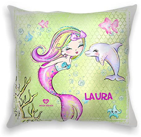 wolga-kreativ personalisiertes Kissen Delfin 40x40 cm – Kuschelkissen mit Namen & süßen Kindermotiven – Geschenk zur Geburt, Taufe & Geburtstag –Flauschiges Namenskissen
