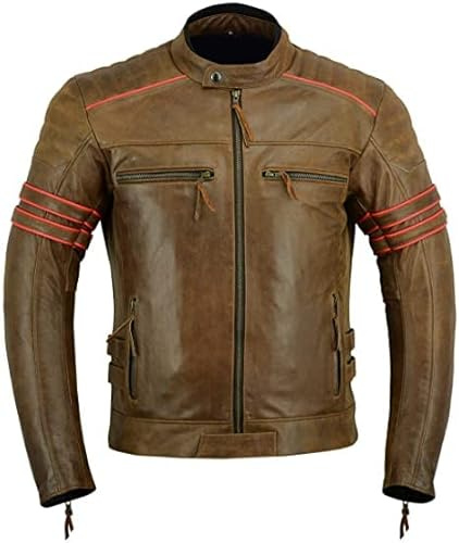 Blouson de moto en cuir vieilli marron pour homme MBJ-04A, Noir , L